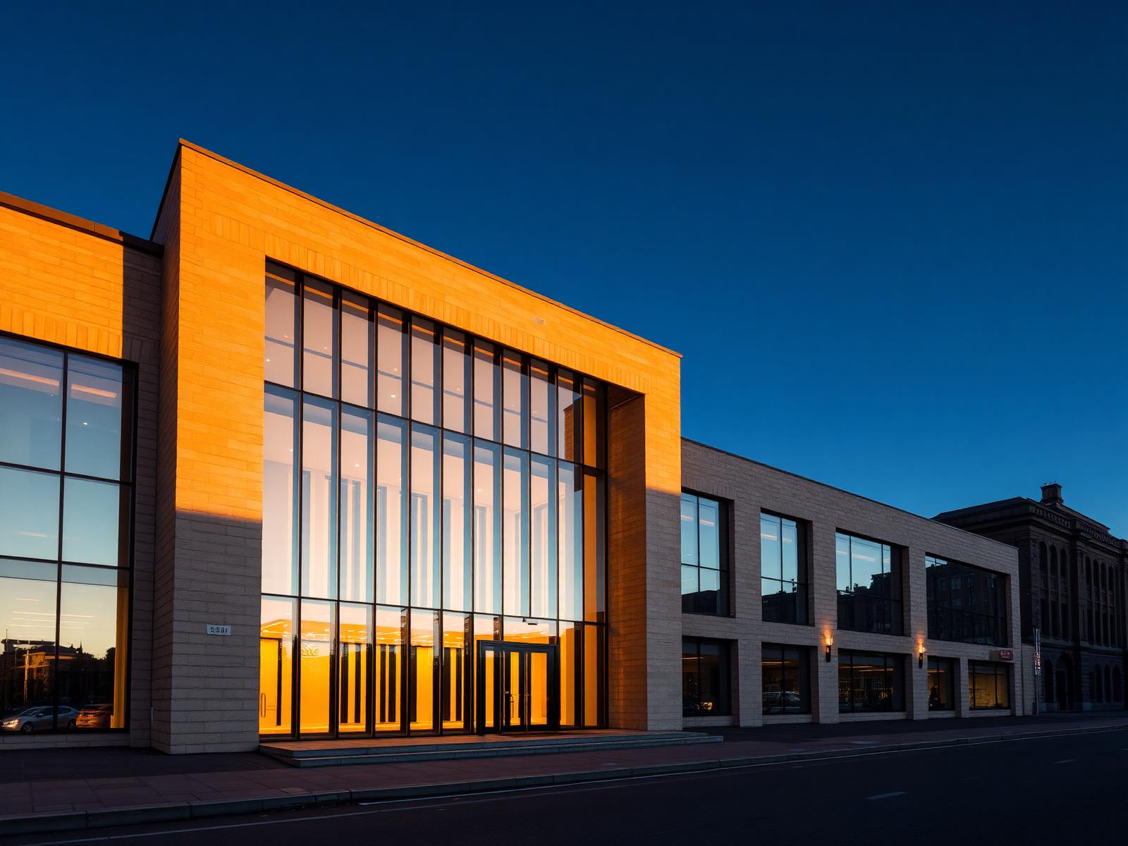 MCMS facility exterior at golden hour